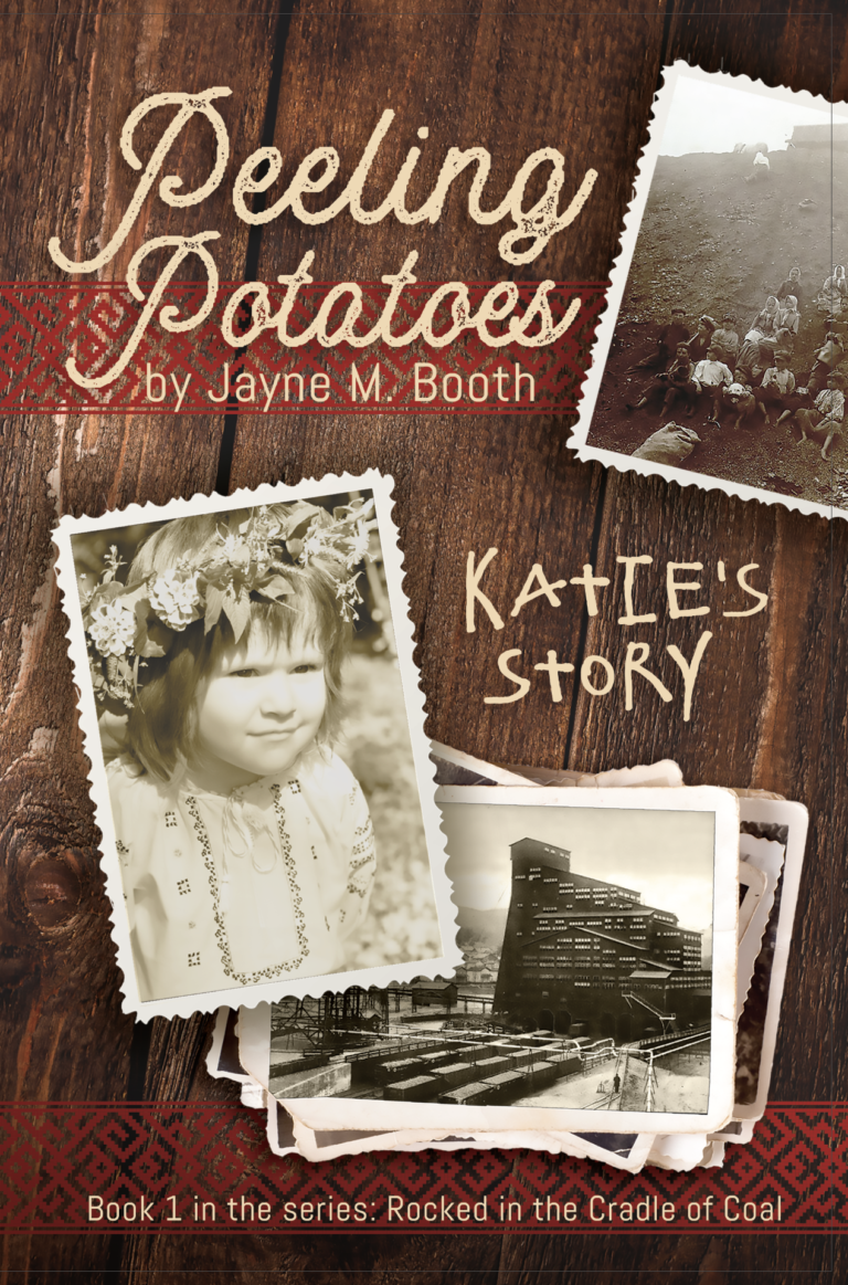 The cover of the book, Katie's Story, that features black and white photos on a wood table with details of embroiders from a traditional vyshivanka.